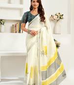 White printed linen pre draped  saree with blouse