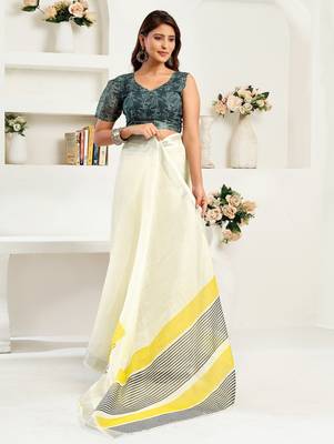 White printed linen pre draped  saree with blouse 3