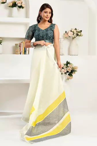 White printed linen pre draped  saree with blouse
