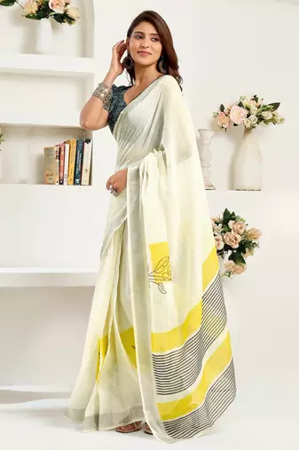White printed linen pre draped  saree with blouse