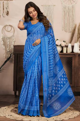 Blue printed linen pre draped  saree with blouse