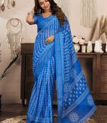 Blue printed linen pre draped  saree with blouse
