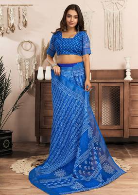 Blue printed linen pre draped  saree with blouse 3
