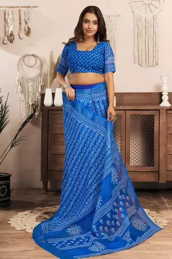 Blue printed linen pre draped  saree with blouse