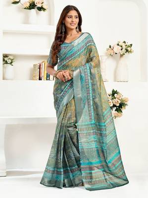 Multicolor printed linen pre draped  saree with blouse 1