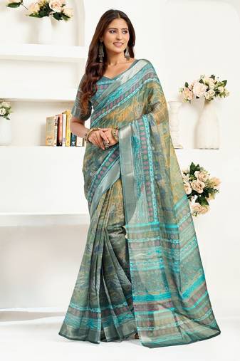 Multicolor printed linen pre draped  saree with blouse