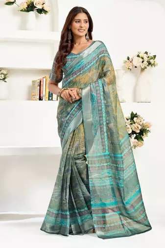Multicolor printed linen pre draped  saree with blouse