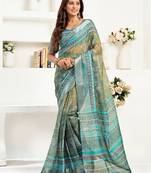 Multicolor printed linen pre draped  saree with blouse
