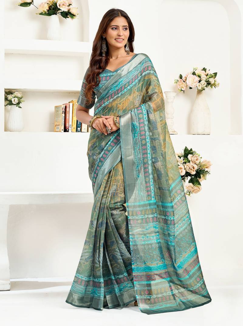 Multicolor printed linen pre draped  saree with blouse