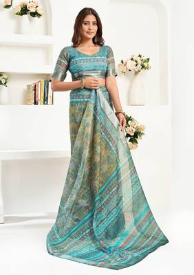 Multicolor printed linen pre draped  saree with blouse 2