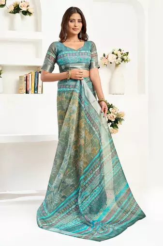 Multicolor printed linen pre draped  saree with blouse