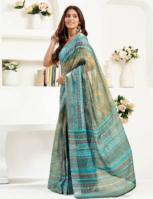 Multicolor printed linen pre draped  saree with blouse 3