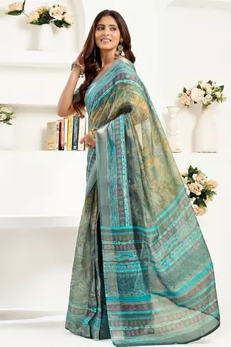 Multicolor printed linen pre draped  saree with blouse