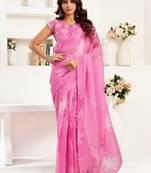 Pink printed linen pre draped  saree with blouse