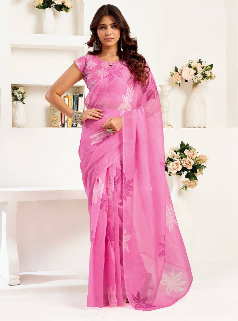 Pink printed linen pre draped  saree with blouse