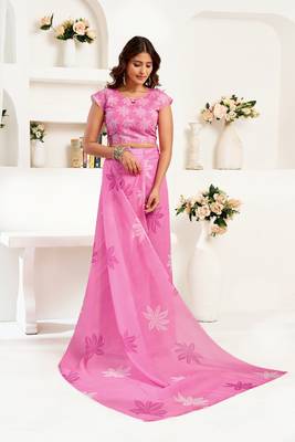Pink printed linen pre draped  saree with blouse 3
