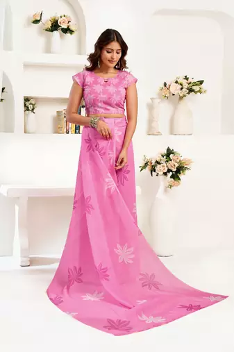 Pink printed linen pre draped  saree with blouse