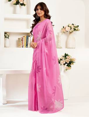 Pink printed linen pre draped  saree with blouse 4