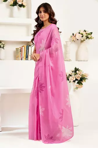 Pink printed linen pre draped  saree with blouse