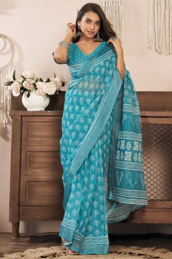 Aqua blue printed linen pre draped  saree with blouse