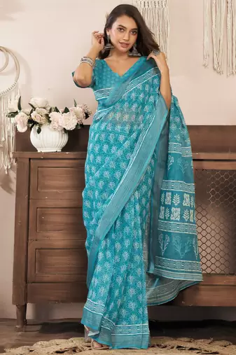 Aqua blue printed linen pre draped  saree with blouse