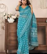 Aqua blue printed linen pre draped  saree with blouse
