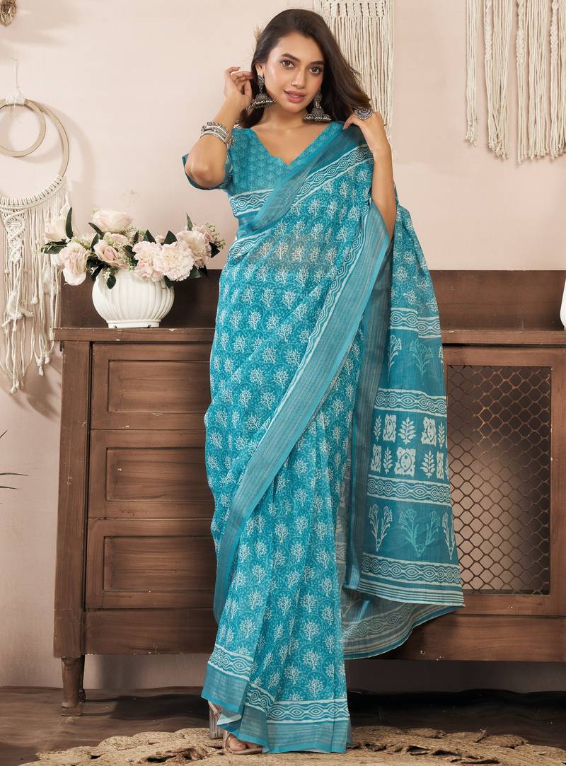 Aqua blue printed linen pre draped  saree with blouse