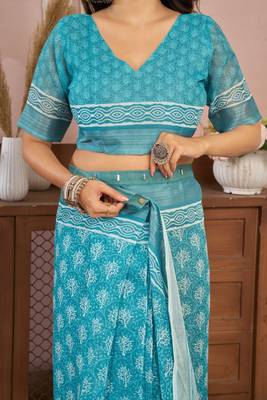 Aqua blue printed linen pre draped  saree with blouse 2