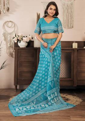 Aqua blue printed linen pre draped  saree with blouse 3
