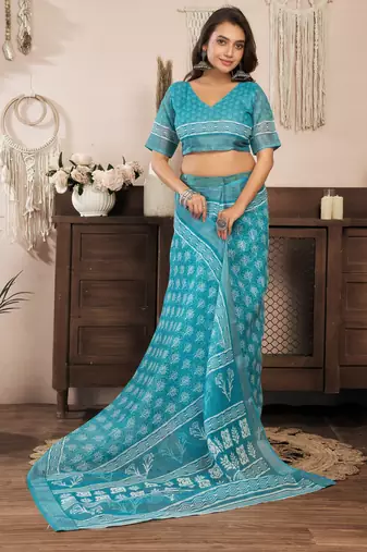 Aqua blue printed linen pre draped  saree with blouse