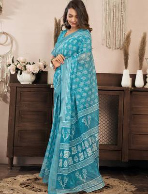 Aqua blue printed linen pre draped  saree with blouse 4
