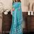 Aqua blue printed linen pre draped  saree with blouse