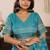 Aqua blue printed linen pre draped  saree with blouse