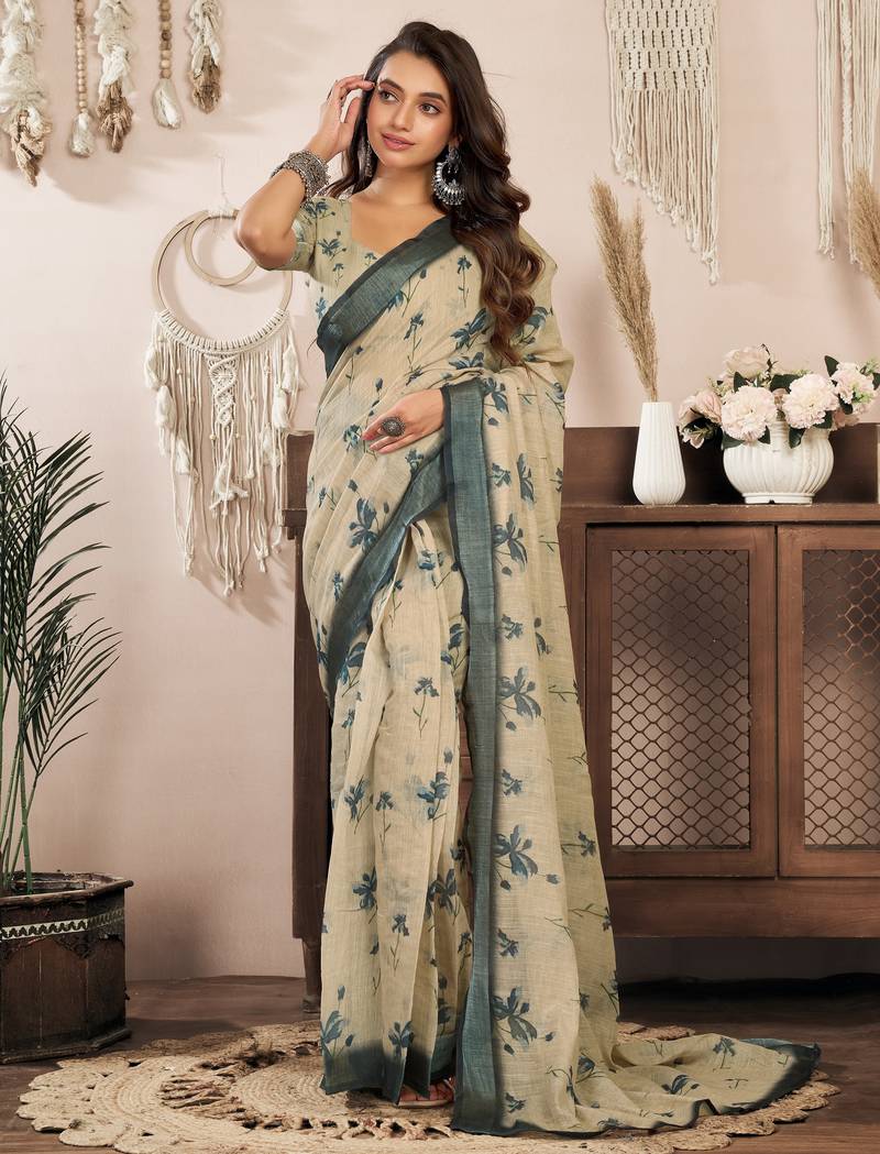 Beige printed linen pre draped  saree with blouse