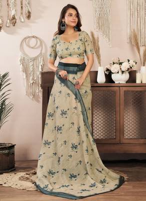 Beige printed linen pre draped  saree with blouse 3