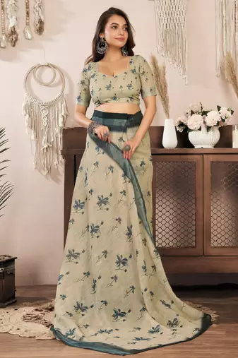 Beige printed linen pre draped  saree with blouse