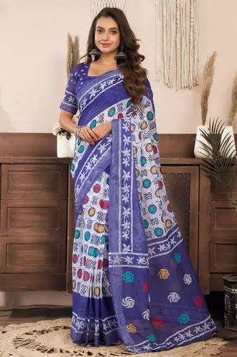 Blue printed linen pre draped  saree with blouse