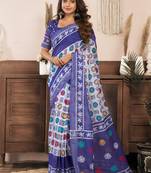 Blue printed linen pre draped  saree with blouse