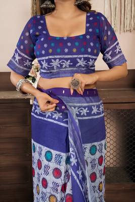 Blue printed linen pre draped  saree with blouse 2