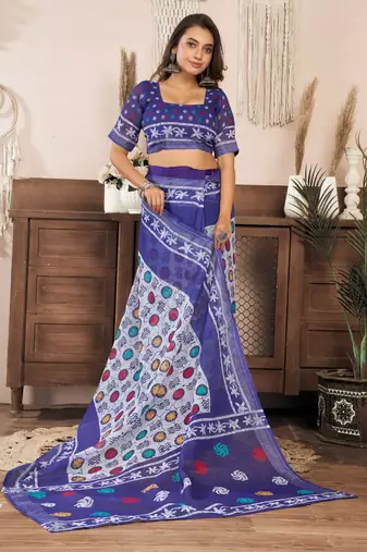 Blue printed linen pre draped  saree with blouse
