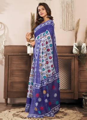 Blue printed linen pre draped  saree with blouse 4