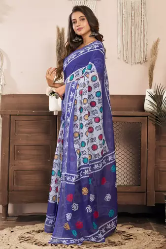 Blue printed linen pre draped  saree with blouse