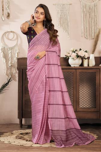 Coral pink printed linen pre draped  saree with blouse