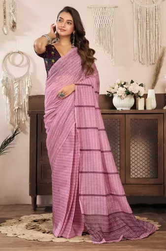 Coral pink printed linen pre draped  saree with blouse