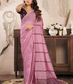 Coral pink printed linen pre draped  saree with blouse