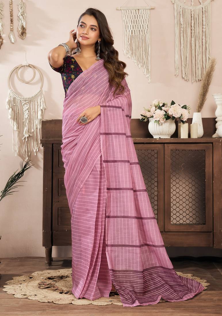 Coral pink printed linen pre draped  saree with blouse