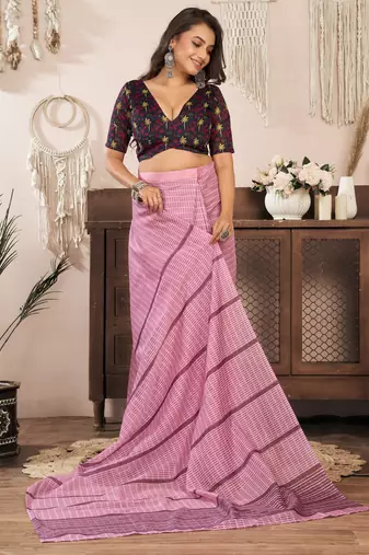 Coral pink printed linen pre draped  saree with blouse