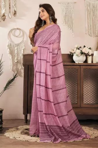 Coral pink printed linen pre draped  saree with blouse