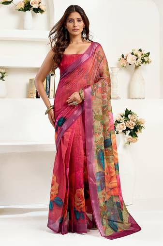 Dark pink printed linen pre draped  saree with blouse
