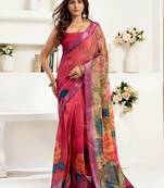 Dark pink printed linen pre draped  saree with blouse